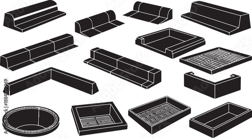 Various 3D black rectangular box shapes and designs collection