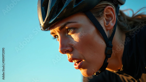 Close-up portrait of a determined female cyclist wearing a protective helmet during an intense training ride. Strong expression and dramatic lighting highlight endurance, fitness and motivation.