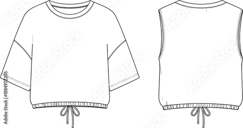 Women casual sleeveless top technical fashion flat, drawstring hem garment, front and back view, apparel design, cad drawing flat vector illustration
