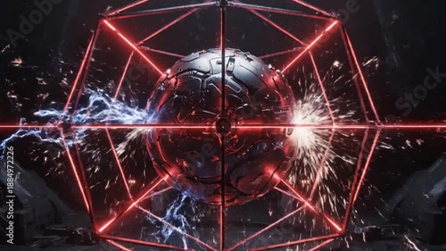 Close-up of a metallic sphere with red neon lines and sparks against a dark background with a futuristic and technological mood.