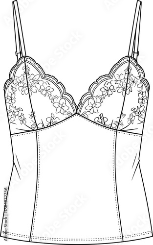 Women lace camisole technical fashion sketch, floral embroidery bustier top, sleeveless lingerie design, apparel template, cad drawing flat vector illustration