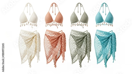 Set of four vibrant crochet net bikini and matching wrap skirt sets, featuring charming shell details, in cream, coral, sage green, and light blue.