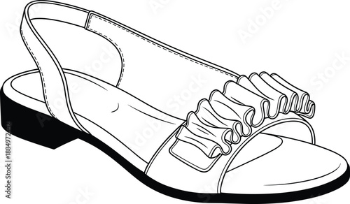 Women ruffle slingback flat sandal vector illustration, elegant summer footwear line art, feminine open toe shoe design, stylish casual apparel accessory isolated on white, fashion sketch.