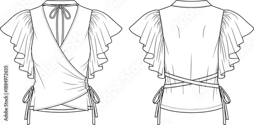 Women wrap blouse technical fashion sketch, front back view, flutter sleeve top, apparel design, cad drawing flat vector illustration, template