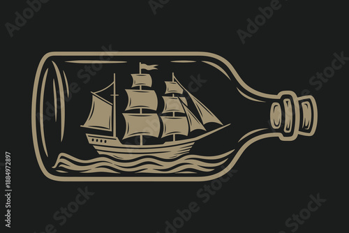 Vintage Ship in a Bottle Illustration on Waves Nautical Vector Design.