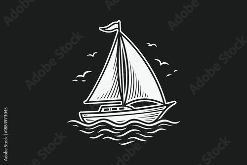 Vintage Sailing Yacht Engraving Illustration on Ocean Waves with Seagulls.