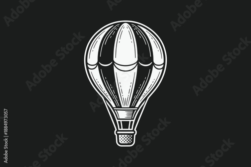 Vintage Engraving Style Hot Air Balloon Illustration on Solid Black Background