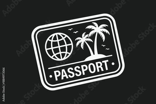 Monochrome Passport Stamp Icon with Globe and Tropical Palm Trees for Travel Concept