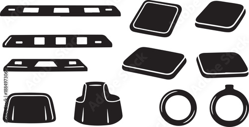 Black and white icons of various shapes and objects