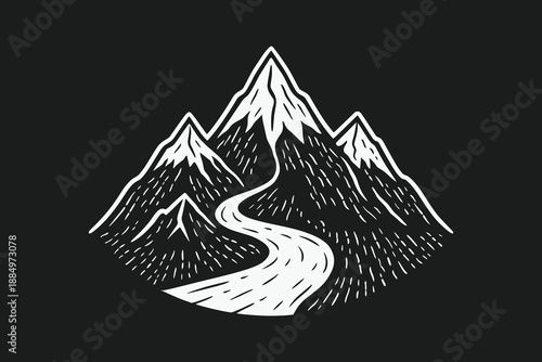Hand Drawn Vintage Mountain Range with Winding Road Illustration in Black and White