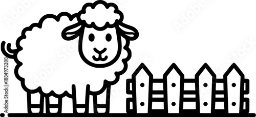 Cute cartoon sheep with fence in simple black and white outline
