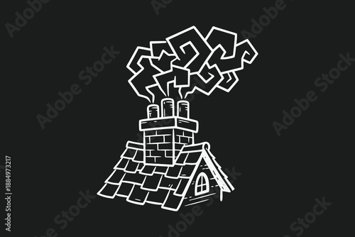 Hand-drawn Chimney with Stylized Smoke Coming Out of a Cozy Cottage Roof