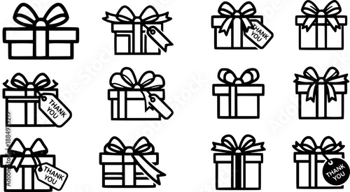 Minimalistic gift box icons with bows and thank you element

