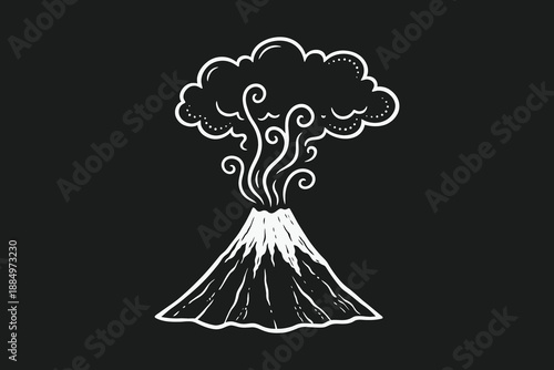 Hand-Drawn Chalk Volcano Eruption Icon with Stylized Smoke on Black Background