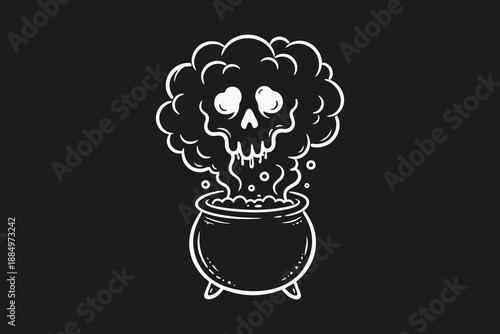 Spooky hand drawn cauldron illustration with a ghostly smoke skull.