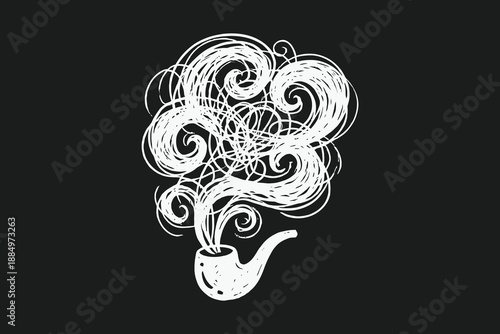 Hand-drawn sketch doodle of a smoking pipe with messy swirling smoke cloud on a dark background.