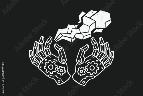 Doodle Illustration of Robotic Hands Holding a Geometric Artificial Intelligence Cloud