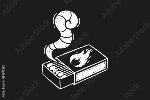 Hand Drawn Doodle of an Open Matchbox with Rising Smoke and Fire Symbol