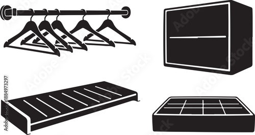 Black and white closet organizer system with hangers and shelves