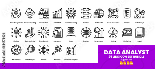 Data analyst icon set. 25 line icons for data analytics and tech projects.