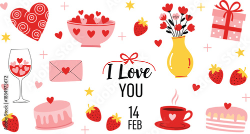 Hand drawn Valentine’s Day vector illustration set with romantic hearts, strawberries, gift box, flowers, love letter, cakes, and coffee for greeting cards