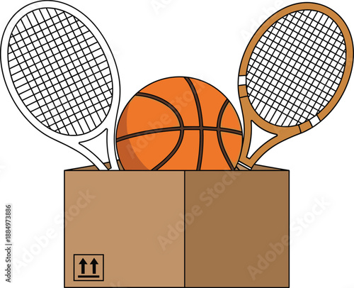 Sports equipment donation concept illustration, tennis rackets and basketball in cardboard box, charity support, reuse recycle, community sports aid