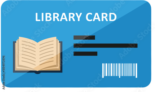 Blue Library Card Illustration with Open Book Icon Barcode and Placeholder Text for Education Membership Identification and Public Reading Services