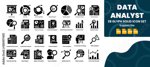 Data analysis icon set. 26 solid glyph icons for business reports, analytics, and monitoring.