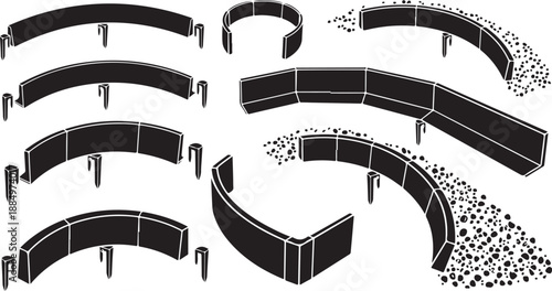 Various Black and White Barrier Fence Sections Illustration Set