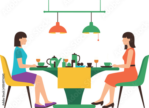Women having tea together illustration, friendly conversation at table, cafe lifestyle scene, social meeting concept, modern flat vector design