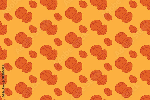 Dried peach and slices food colorful seamless pattern on yellow background for culinary. Dehydrated peach pieces cartoon pattern background for food and snack. Vector Illustration