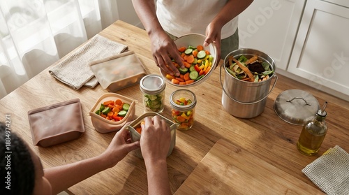 Sustainable Meal Prep with Fresh Vegetables in Reusable Silicone Bags and Glass Jars on Wood Table