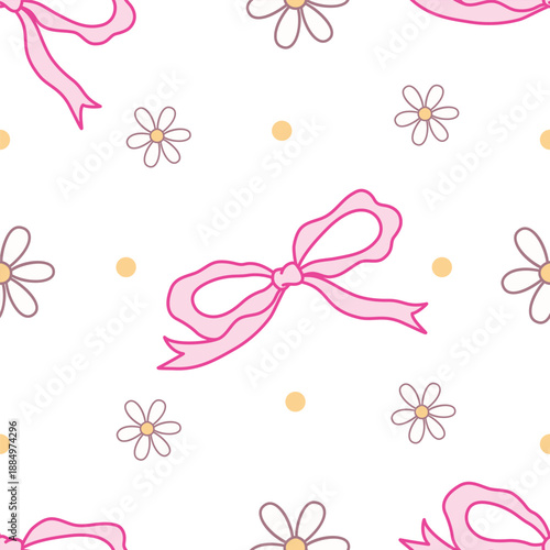 Pastel Pink Bow and Daisy Flower Seamless Pattern.