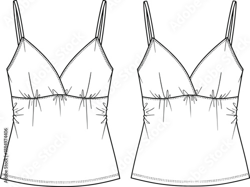 Women's fashion flat technical sketch vector illustration, adjustable spaghetti strap camisole top, empire waistline gathering, elegant summer apparel CAD drawing design template, black and white.