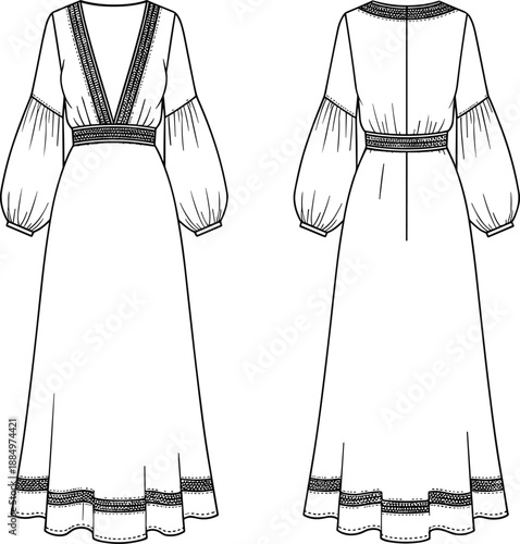 Women's fashion flat technical sketch vector illustration, adjustable spaghetti strap camisole top, empire waistline gathering, elegant summer apparel CAD drawing design template, black and white.