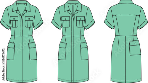 Women's utility dress technical fashion flats showing front back views with pockets buttons tailored fit cad drawing flat vector illustration