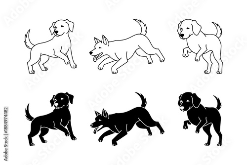Dog Outline and Solid Icons Set in Different Poses