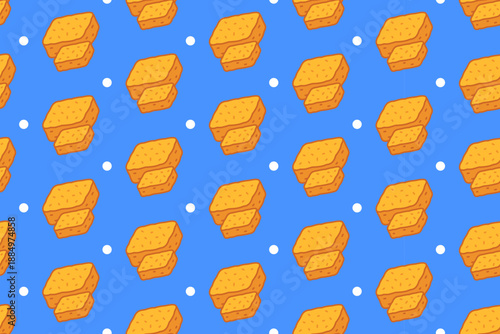 Baked crackers stack with dot colorful seamless pattern on blue background for dessert. Crunchy cheese crackers with circle shape cartoon pattern background for food. Vector Illustration