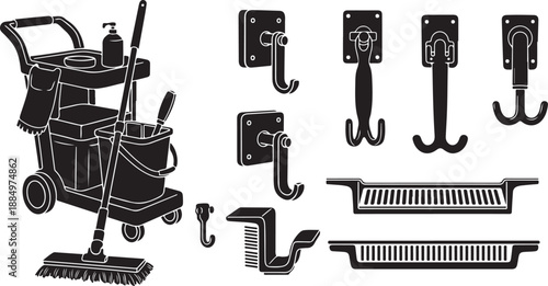 Cleaning cart with various hooks and tools illustration set