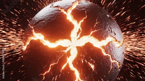 A cracked, fiery planet with vibrant orange lightning bolts erupting from its surface against a dark background with scattered sparks.