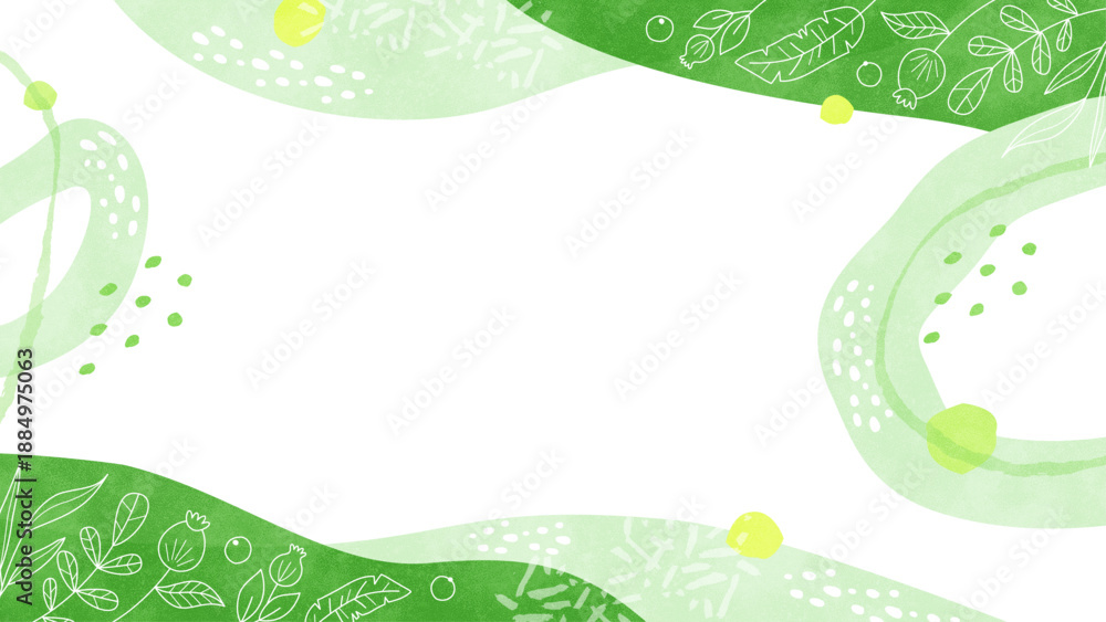 Obraz premium 植物の線画の背景フレーム オーガニックな水彩イラスト枠（グリーン）