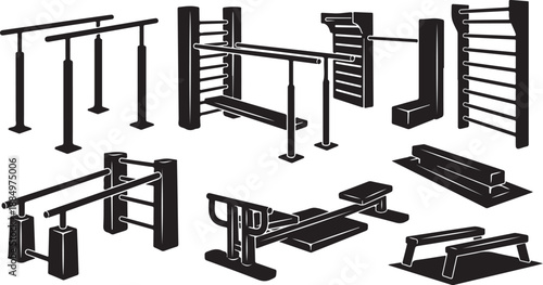 Various types of exercise equipment for fitness and strength training