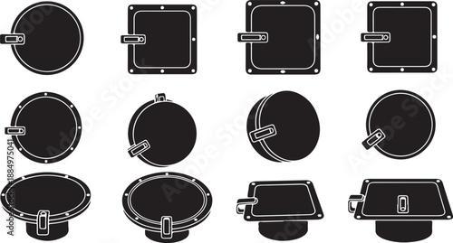 Collection of black label icons in various shapes outlined