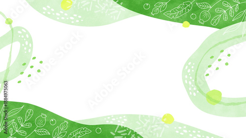 植物の線画の背景フレーム オーガニックな水彩イラスト枠（グリーン）