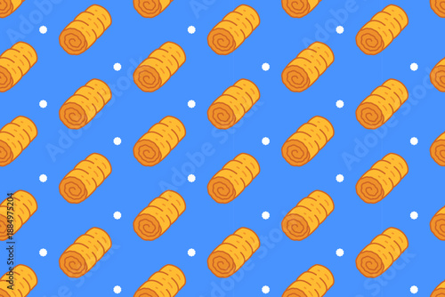 Rolled wafer cookies with dot colorful seamless pattern on blue background for dessert. Sweet biscuit rolls with circle shape cartoon pattern background for food. Vector Illustration