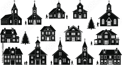 Church and house building silhouettes set with people icons village architecture black vector illustration collection for urban design