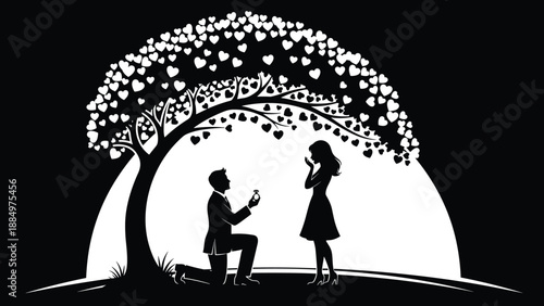 Romantic marriage proposal silhouette couple under heart shaped tree with moon background love engagement vector illustration design