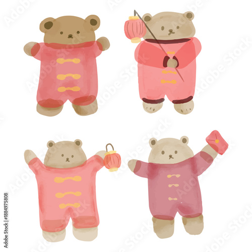 Cute watercolor bear Chinese New Year illustration with festive traditional elements