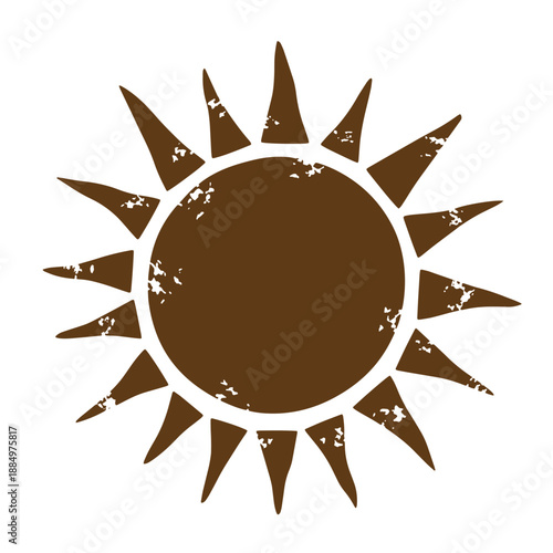 Drawing Vintage grunge  texture Brown sun symbol with sharp rays on white background
