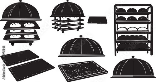 Black and white illustration of food warming dishes set